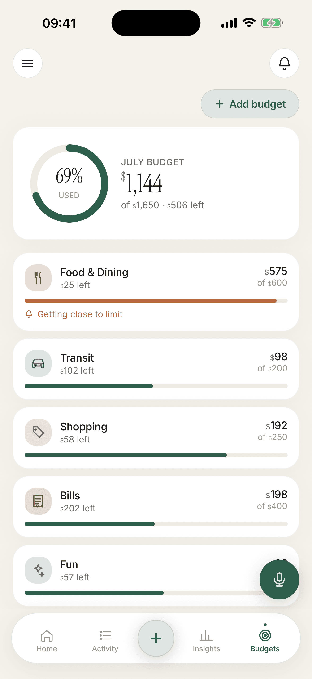 Pockita budgets with category progress bars