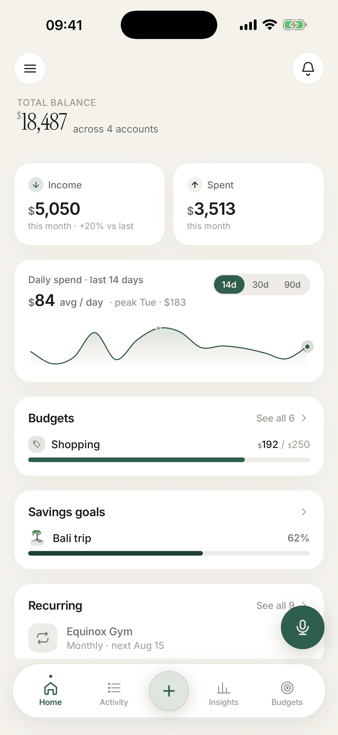 Pockita home overview showing balance, income, spending, and budgets